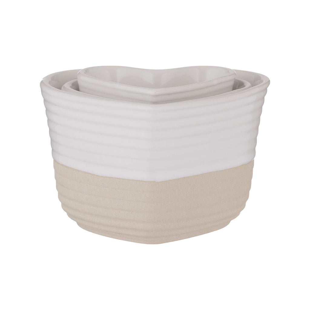 Mason Cash Rustic Charm set of three nested white ribbed ceramic bowls with an unglazed natural base