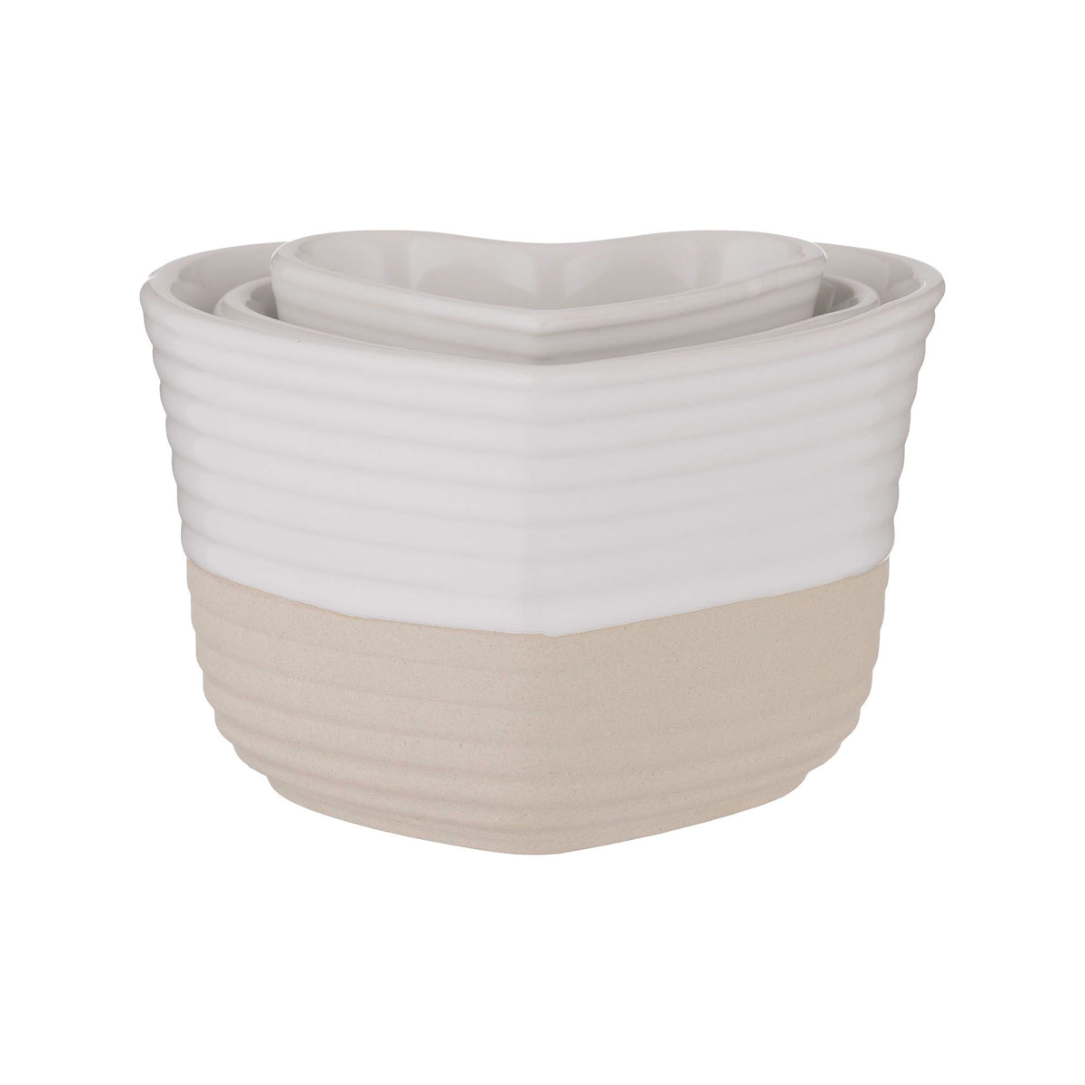 Mason Cash Rustic Charm set of three nested white ribbed ceramic bowls with an unglazed natural base