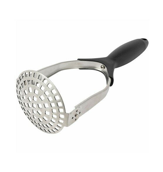 Westmark folding potato masher with a stainless steel head and a black handle