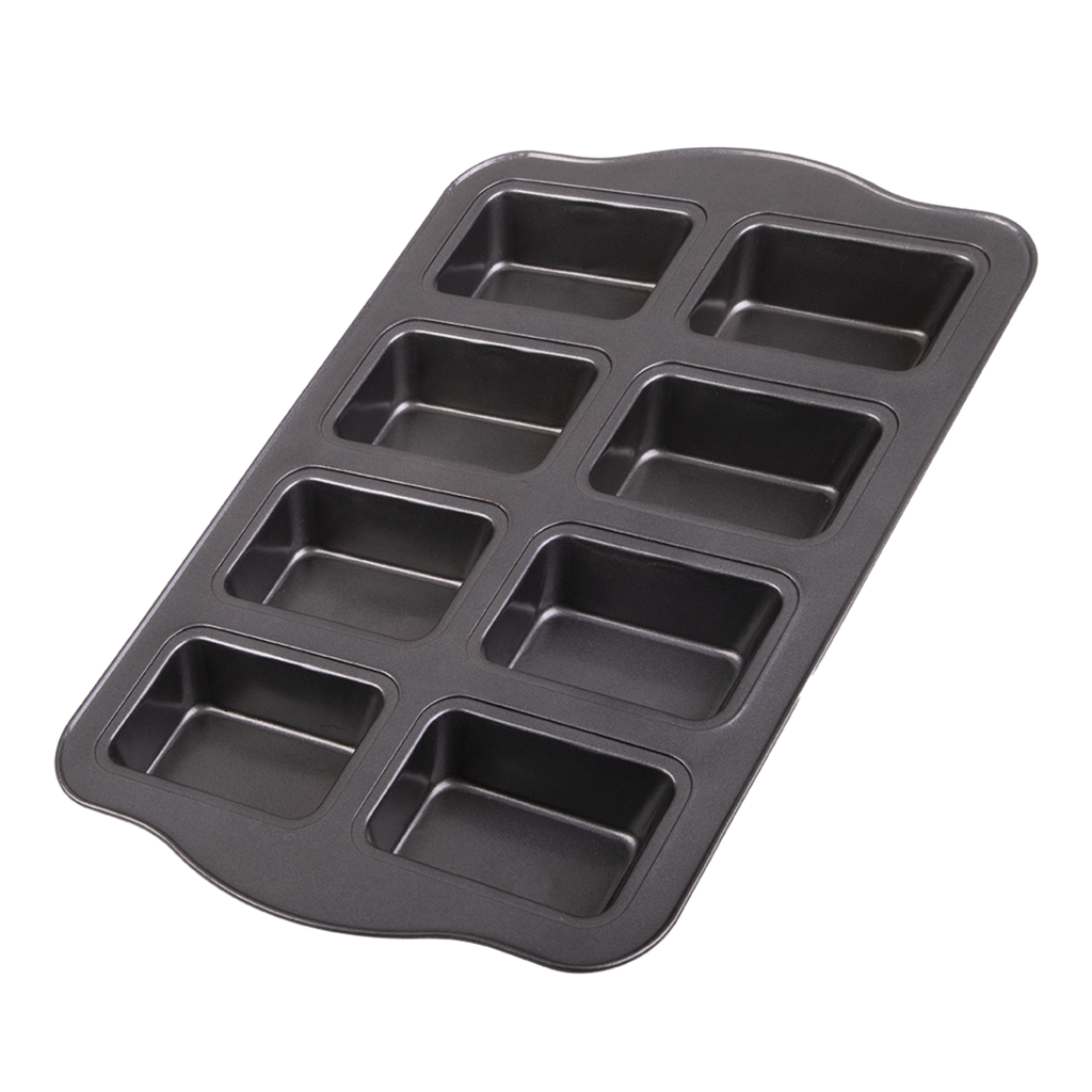 Daily Bake mini loaf pan in dark non-stick steel with eight rectangular cavities