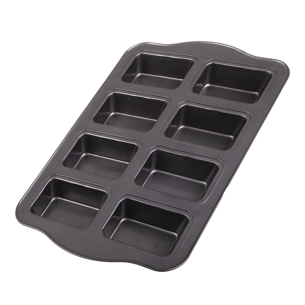 Daily Bake mini loaf pan in dark non-stick steel with eight rectangular cavities