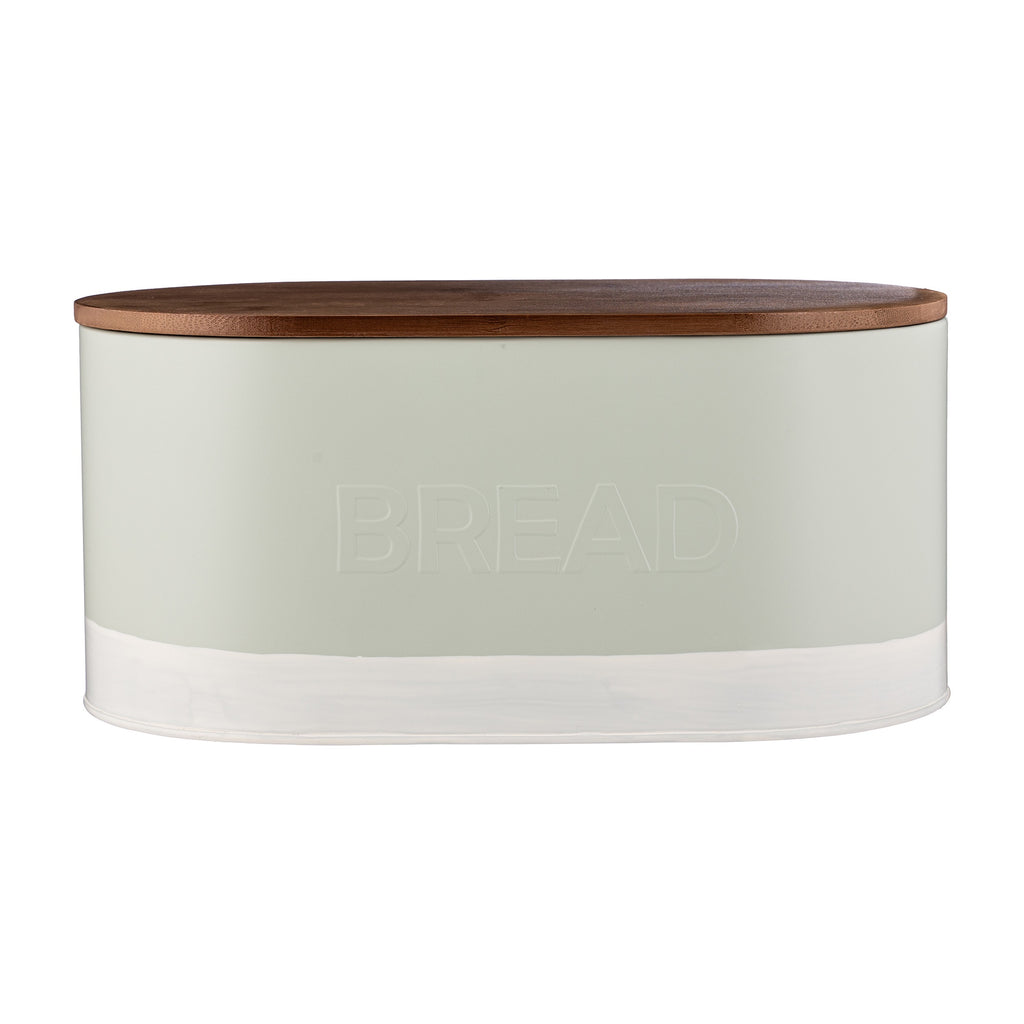Typhoon Oben bread storage bin, 6.5L, in sage green with a wooden lid and Bread lettering