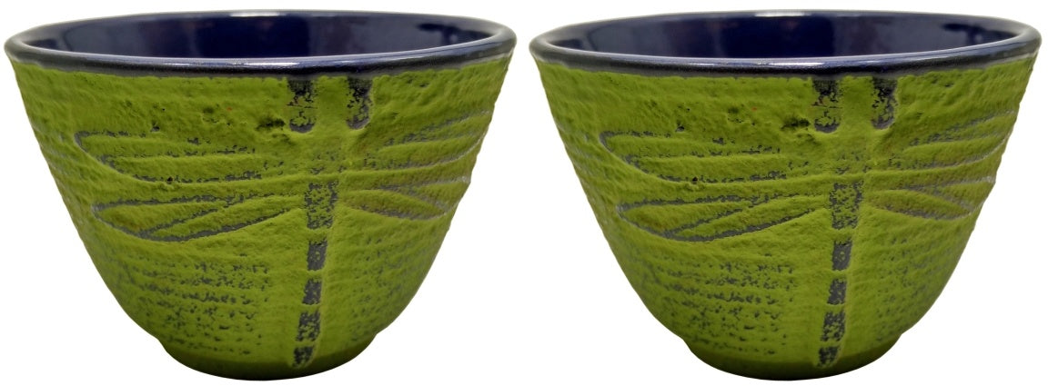 Teaology cast iron cups set, two green cups with a dragonfly design and a dark blue interior