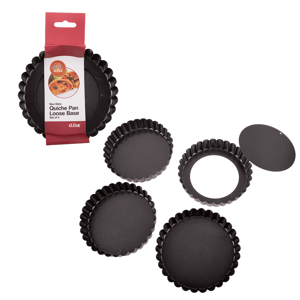 D Line non-stick small quiche pans with loose bases, a set of four in dark steel, shown with their packaging