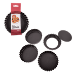 D Line non-stick small quiche pans with loose bases, a set of four in dark steel, shown with their packaging