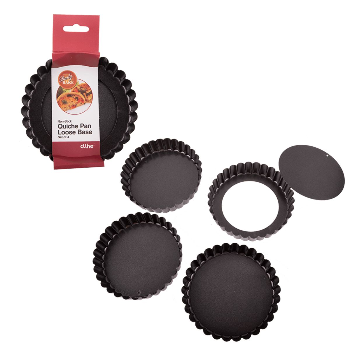 D Line non-stick small quiche pans with loose bases, a set of four in dark steel, shown with their packaging