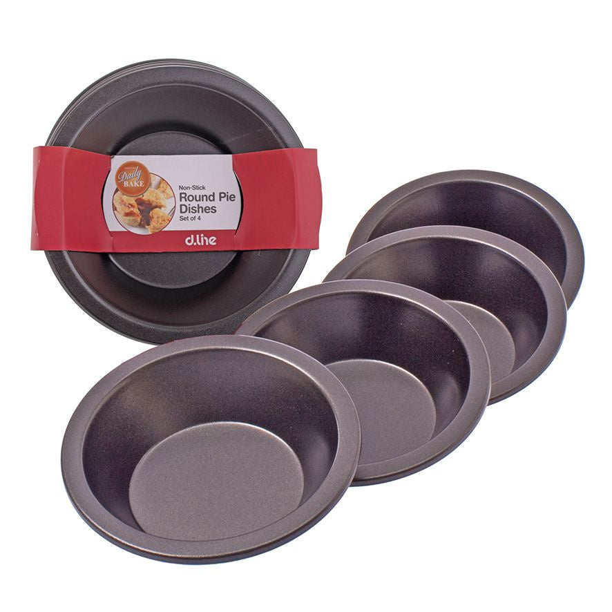 Daily Bake non-stick round pie dish set, four nested dishes shown in their packaging