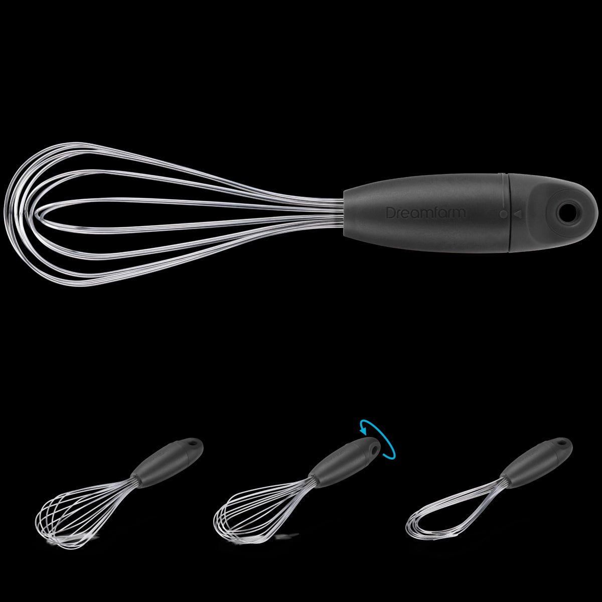 Dreamfarm mini Flisk whisk in black with a flat looped head
