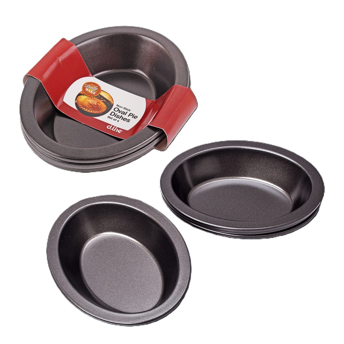 Daily Bake oval pie dishes, a set of four in dark non-stick steel, with their red band