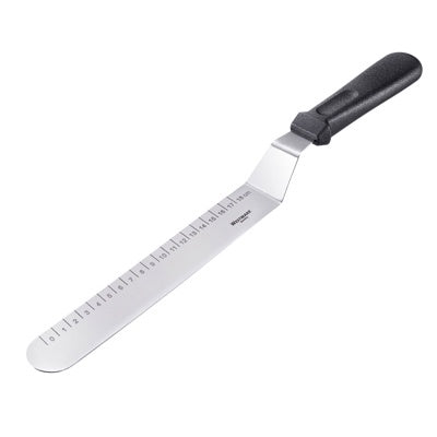 Westmark angled spatula with a long stainless steel blade with measurements and a black handle