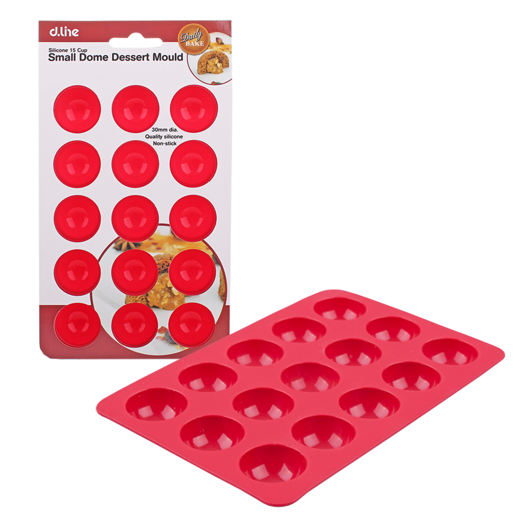 Daily Bake mini silicone 15 cup dome dessert mould in red, shown with its packaging