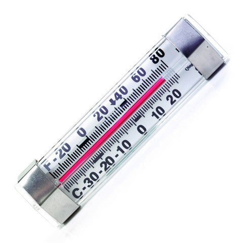 CDN ProAccurate fridge and freezer thermometer with a clear case, a red liquid column and steel clips
