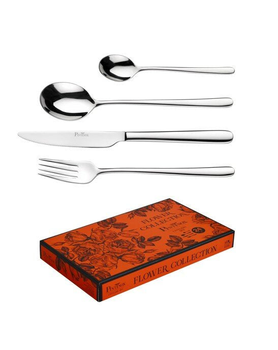 Pintinox Iris cutlery set in polished stainless steel, shown in its floral gift box