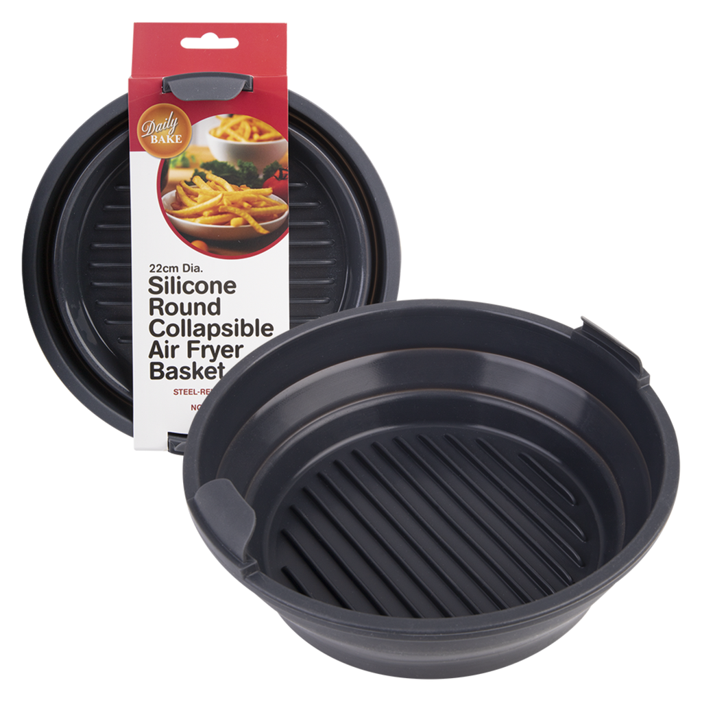 Daily Bake silicone round collapsible air fryer basket, shown on its retail card