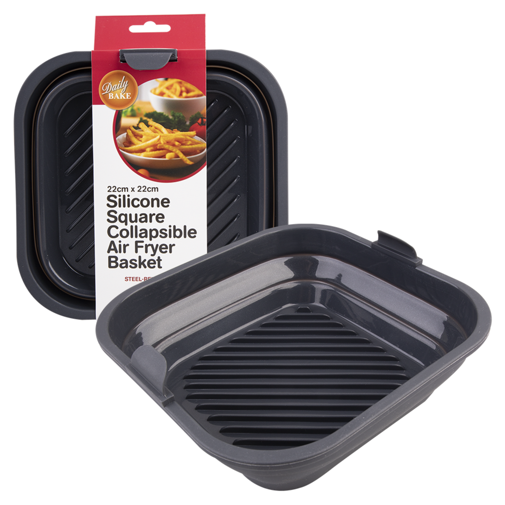 Daily Bake silicone square collapsible air fryer basket in dark grey, shown beside its packaging