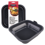 Daily Bake silicone square collapsible air fryer basket in dark grey, shown beside its packaging