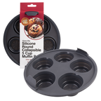 Daily Bake silicone round collapsible five cup muffin air fryer pan in grey, shown with its packaging
