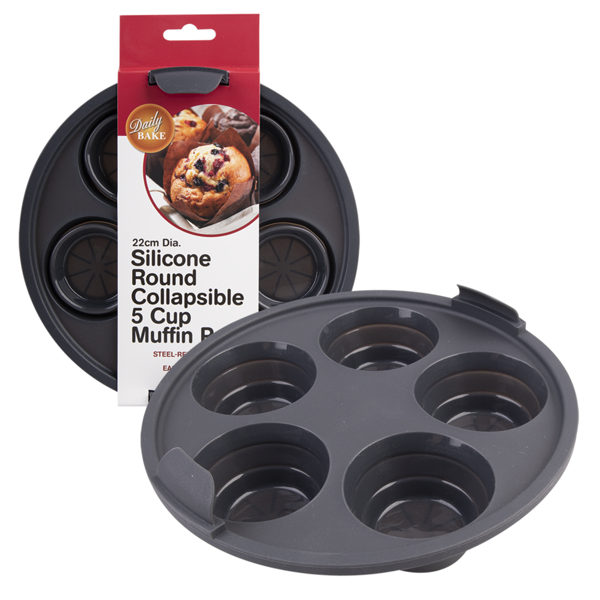 Daily Bake silicone round collapsible five cup muffin air fryer pan in grey, shown with its packaging