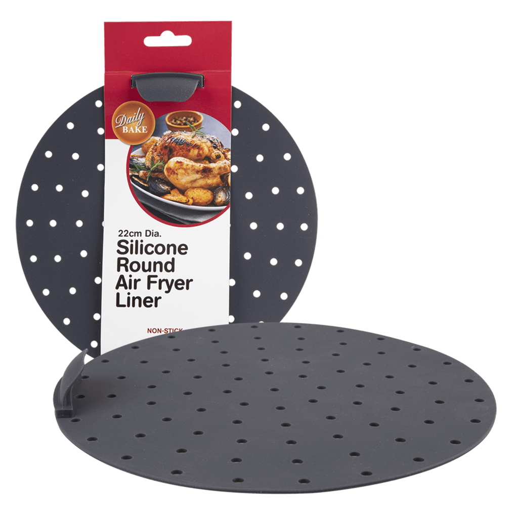 Daily Bake 22cm silicone round air fryer liner in grey with perforations, shown beside its packaging