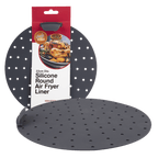 Daily Bake 22cm silicone round air fryer liner in grey with perforations, shown beside its packaging