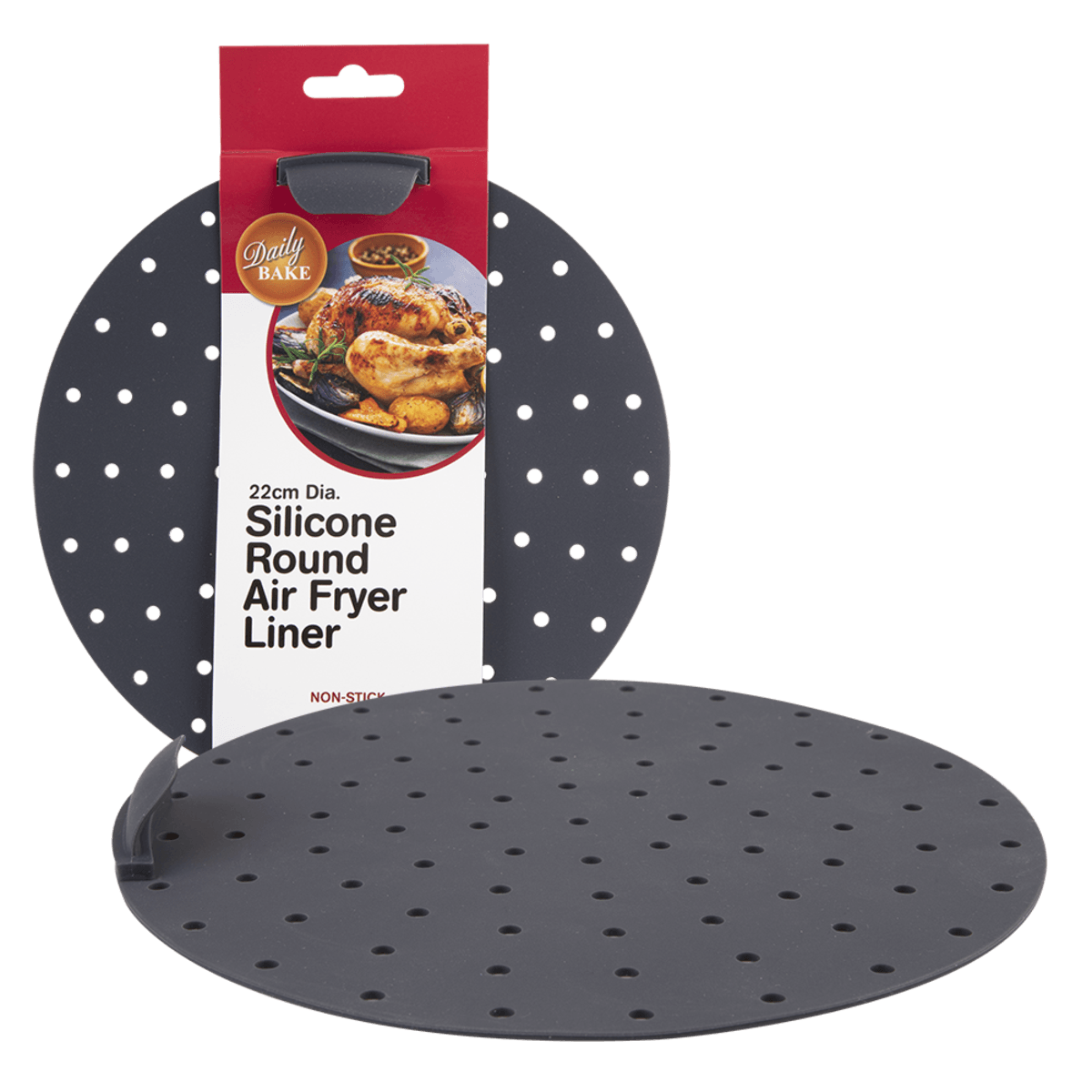 Daily Bake 22cm silicone round air fryer liner in grey with perforations, shown beside its packaging