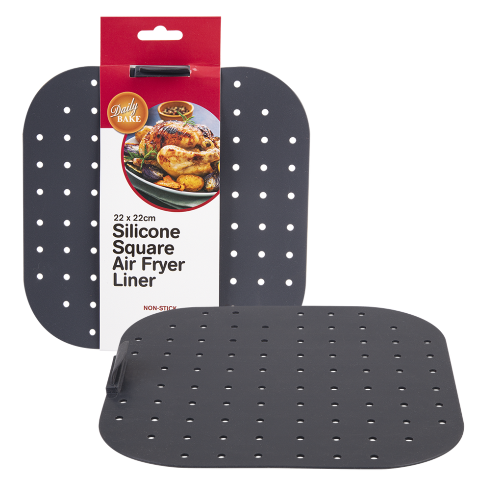 Daily Bake silicone square air fryer liner in charcoal, shown on its retail card