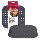 Daily Bake silicone square air fryer liner in charcoal, shown on its retail card
