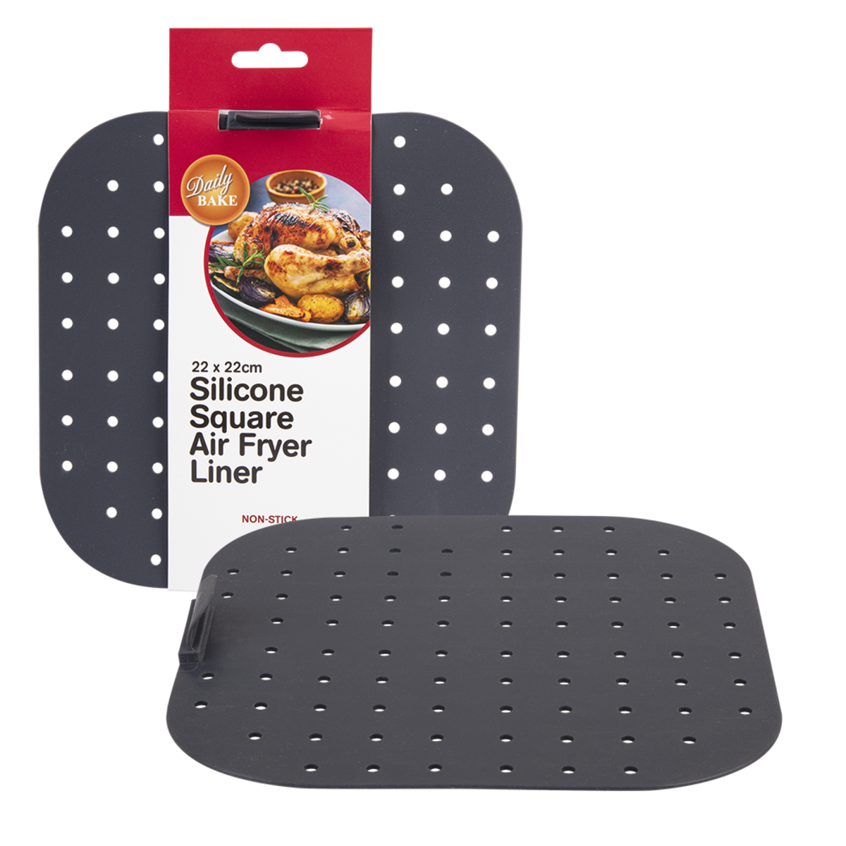 Daily Bake silicone square air fryer liner in charcoal, shown on its retail card