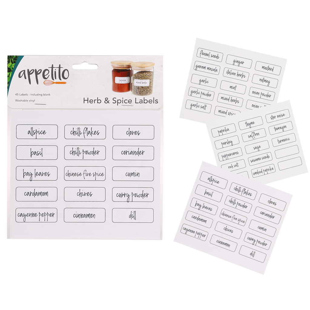 Appetito herb and spice labels, printed white label sheets shown with the pack and small spice jars