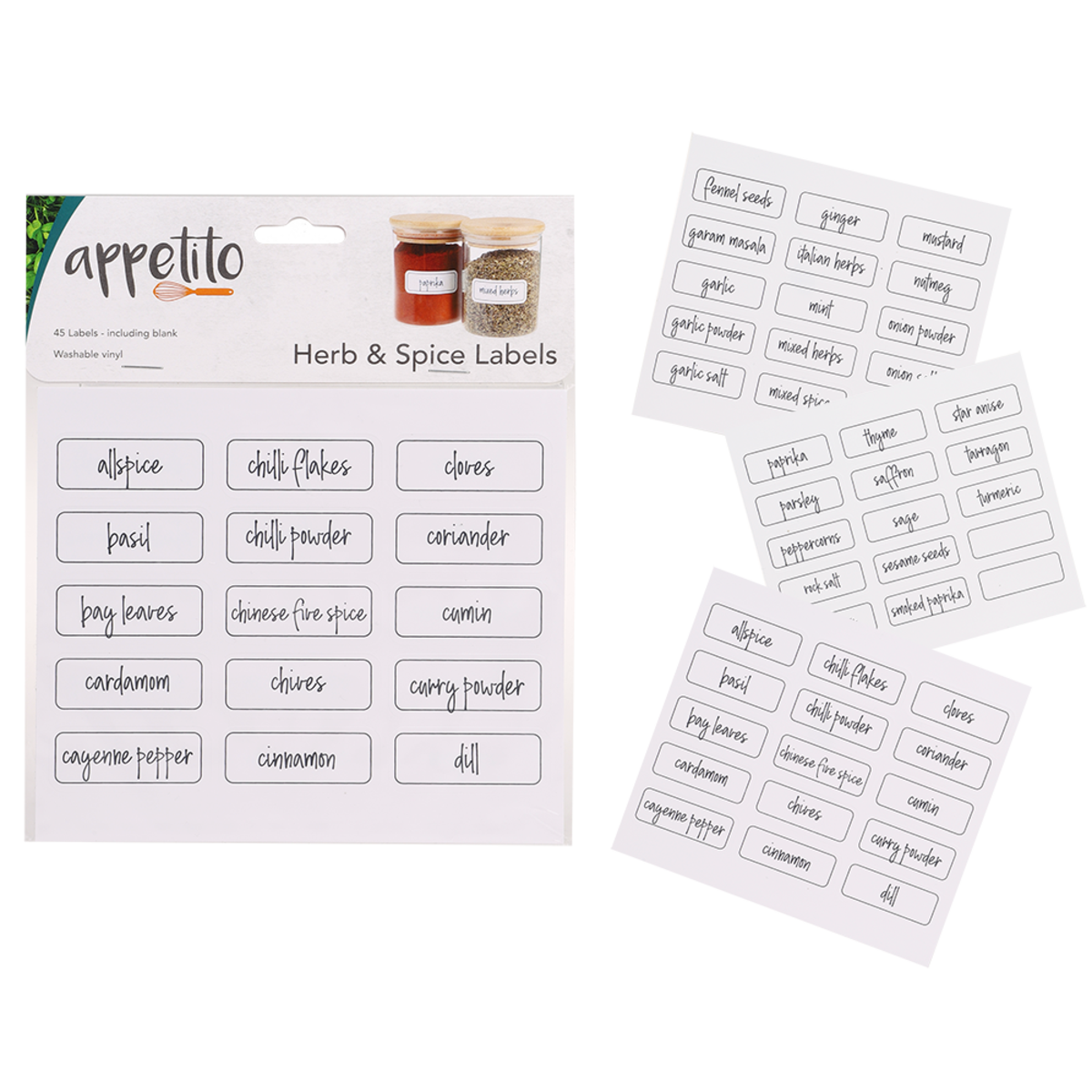 Appetito herb and spice labels, printed white label sheets shown with the pack and small spice jars