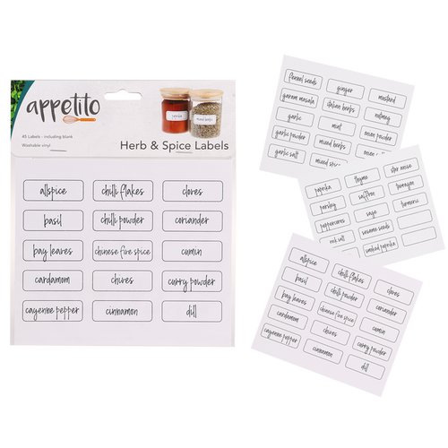 Appetito herb and spice labels, printed white label sheets shown with the pack and small spice jars
