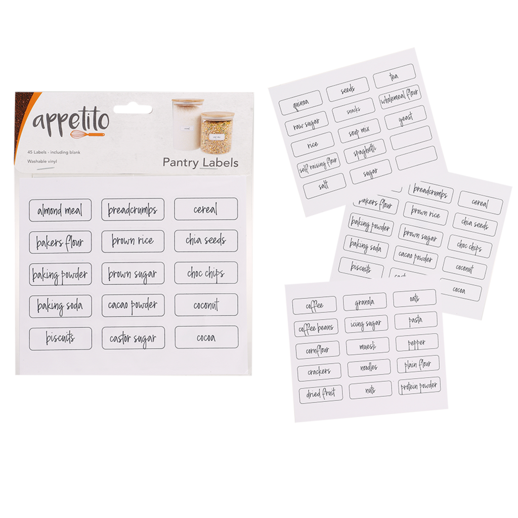 Appetito pantry labels, white label sheets printed with ingredient names, shown with the pack