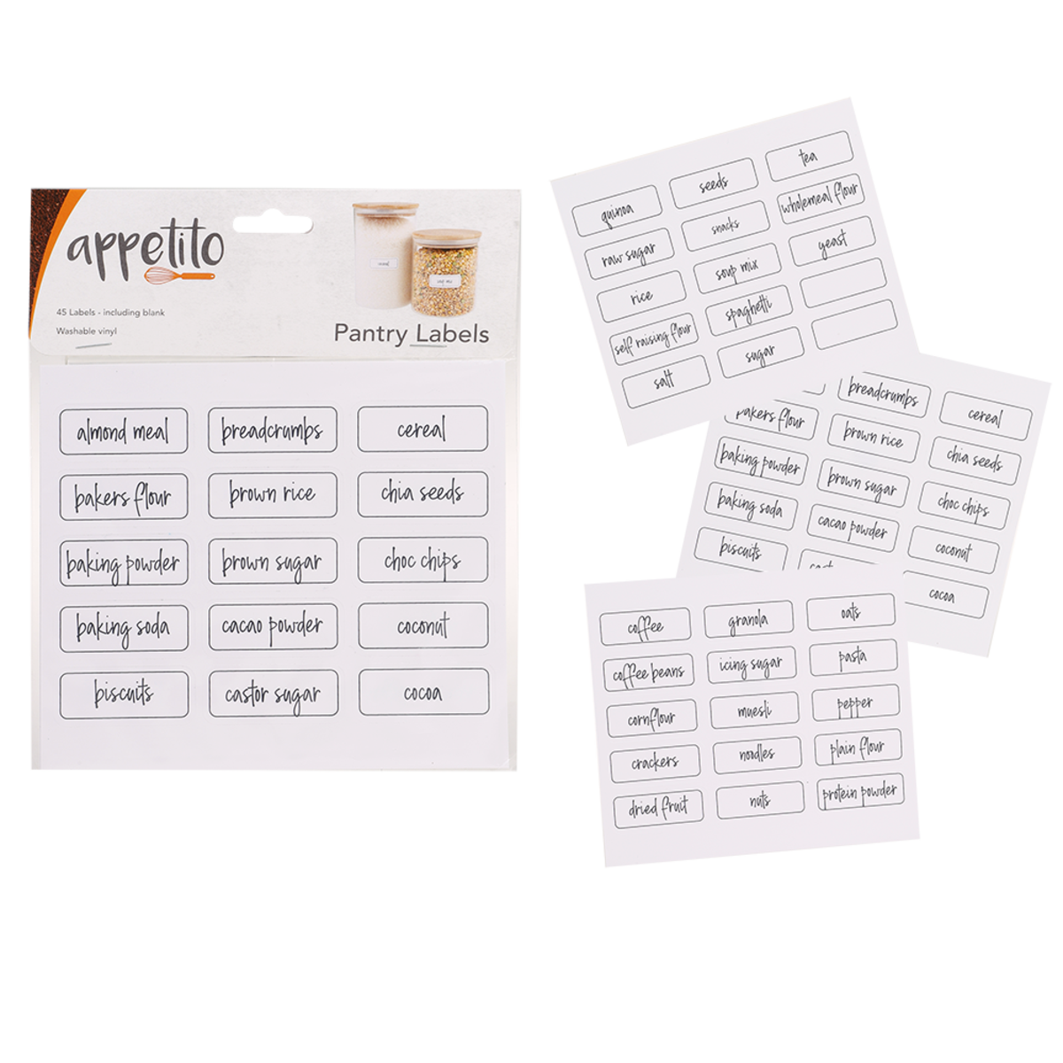 Appetito pantry labels, white label sheets printed with ingredient names, shown with the pack