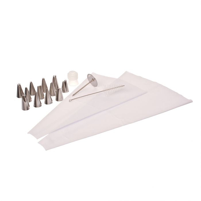 Appetito 18 piece icing set with stainless steel piping nozzles, white piping bags and a cleaning brush