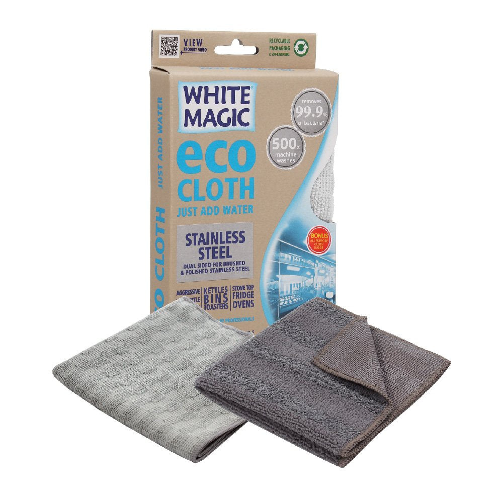 White Magic Eco Cloth Stainless Steel two pack with grey cloths, shown with their box