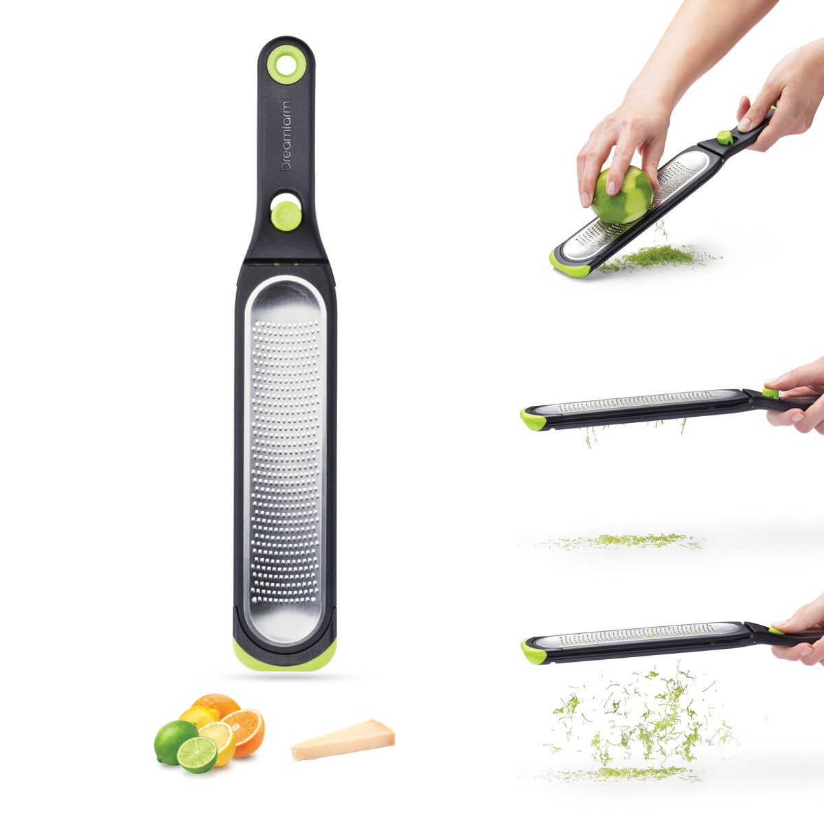 Dreamfarm Ozest, a slim black and green zester and grater, with small images of it in use on limes