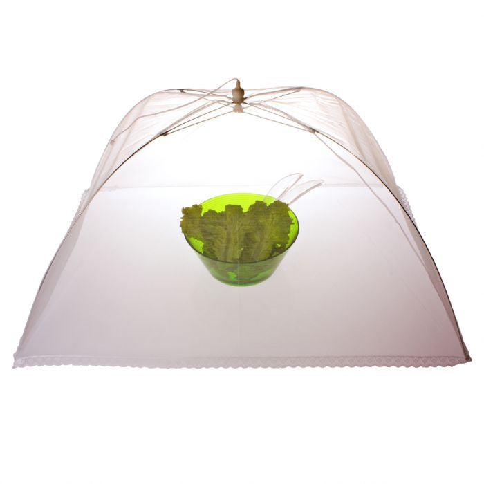 Appetito jumbo nylon food cover, a pop-up white mesh umbrella cover over a green bowl of salad