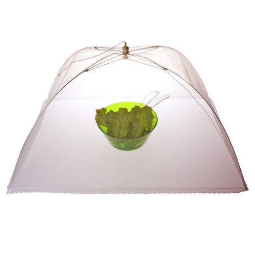 Appetito jumbo nylon food cover, a pop-up white mesh umbrella cover over a green bowl of salad