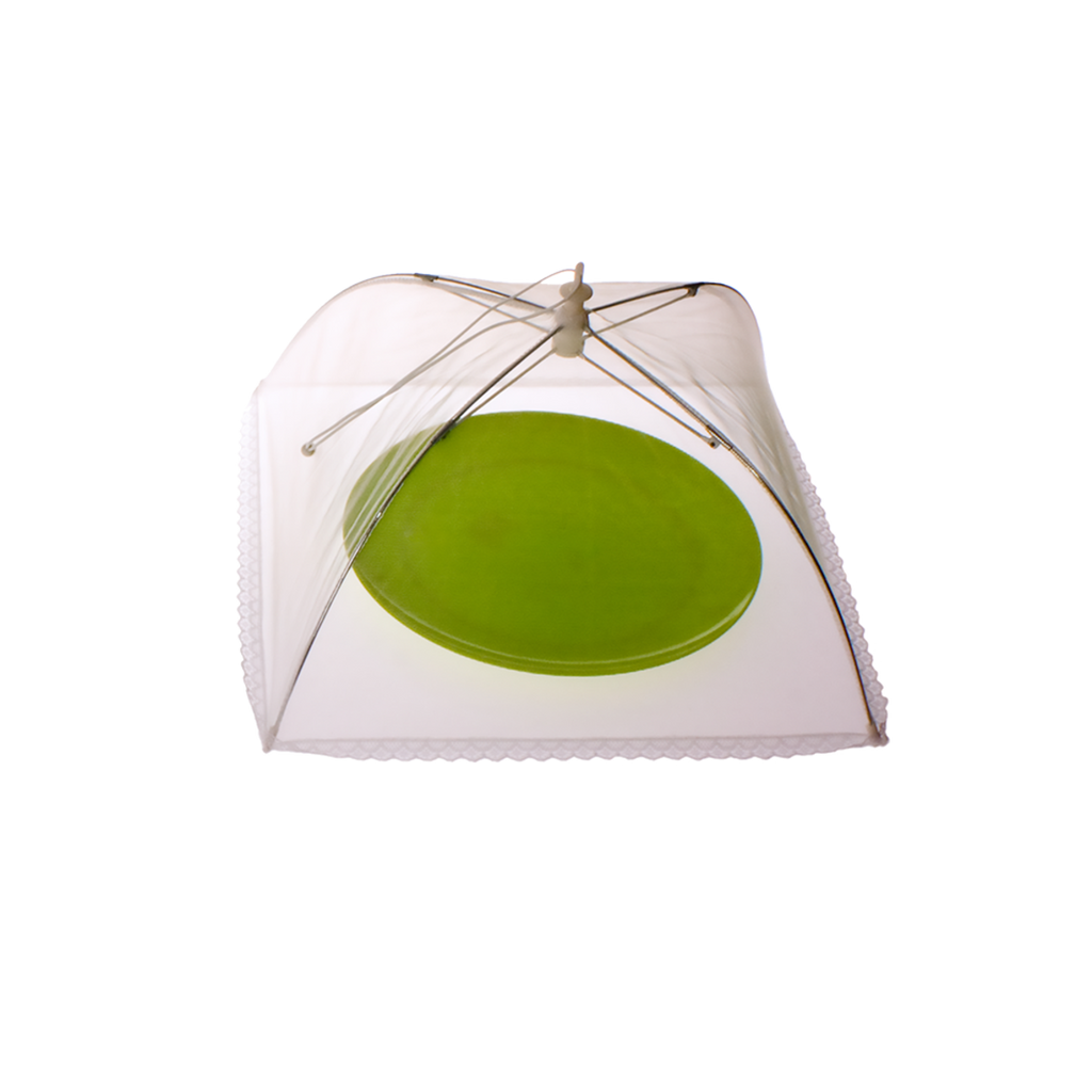 Appetito nylon net food cover, a pop-up mesh umbrella cover over a green plate