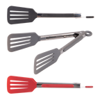 Appetito mini spatula tongs in black, grey and red with slotted silicone heads and steel arms