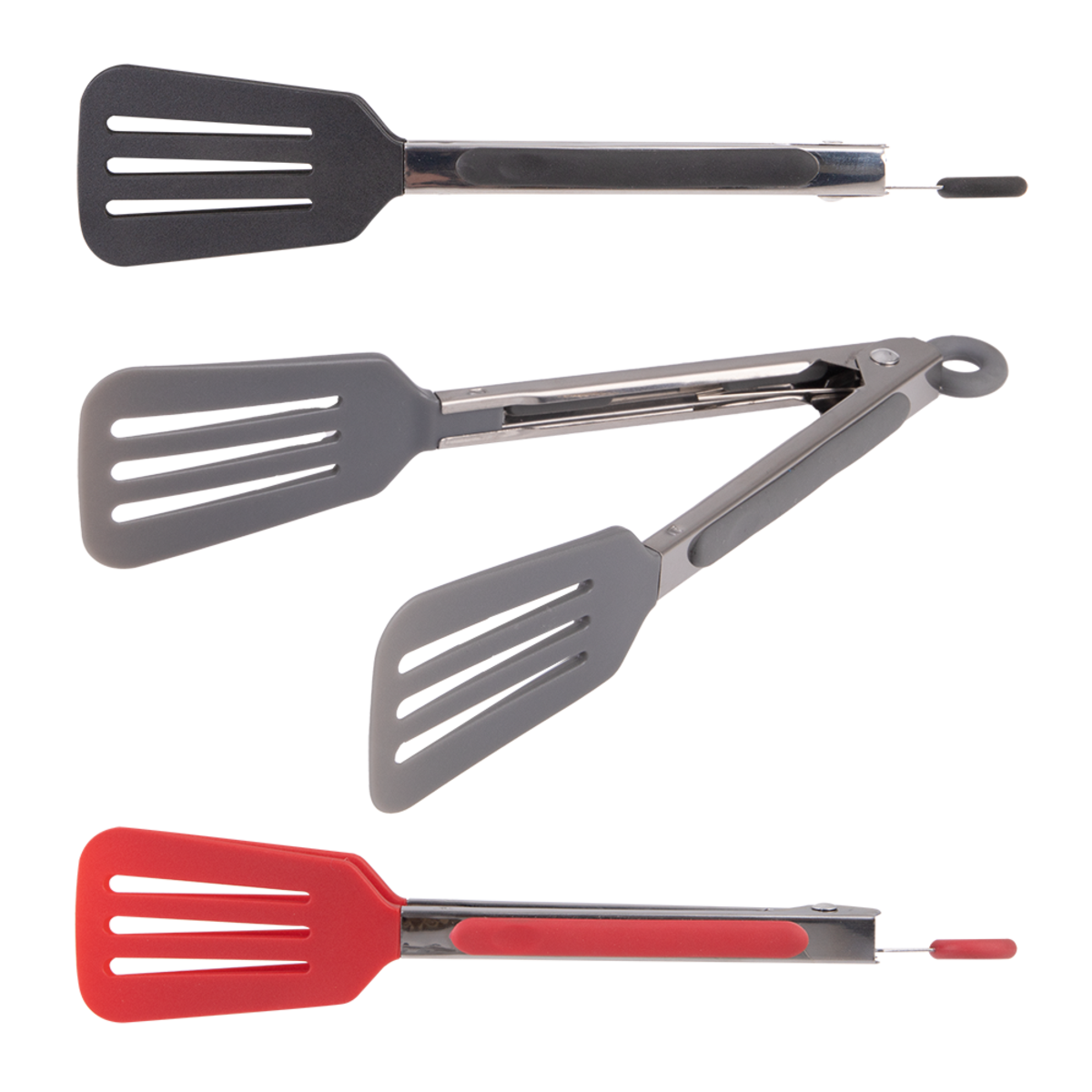 Appetito mini spatula tongs in black, grey and red with slotted silicone heads and steel arms