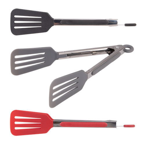 Appetito mini spatula tongs in black, grey and red with slotted silicone heads and steel arms