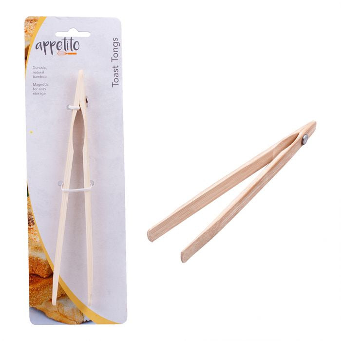 Appetito bamboo toast tongs, magnetic, shown on their retail card and holding toast