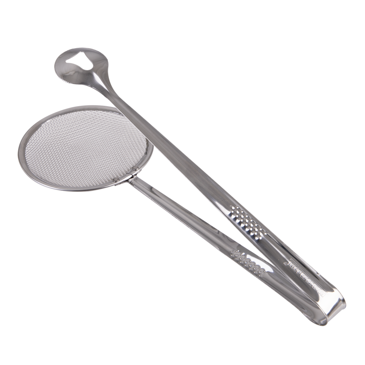 Appetito stainless steel skimmer tongs with a round mesh head and a bottle opener end