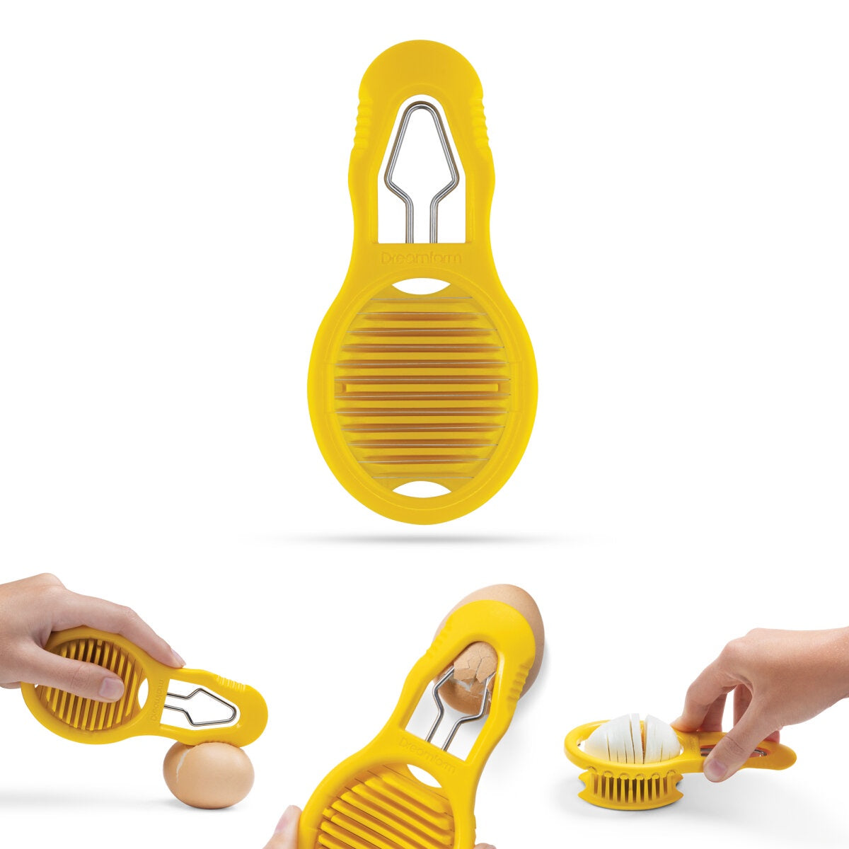 Dreamfarm Eggler, a yellow egg topper and slicer, shown alone and being used