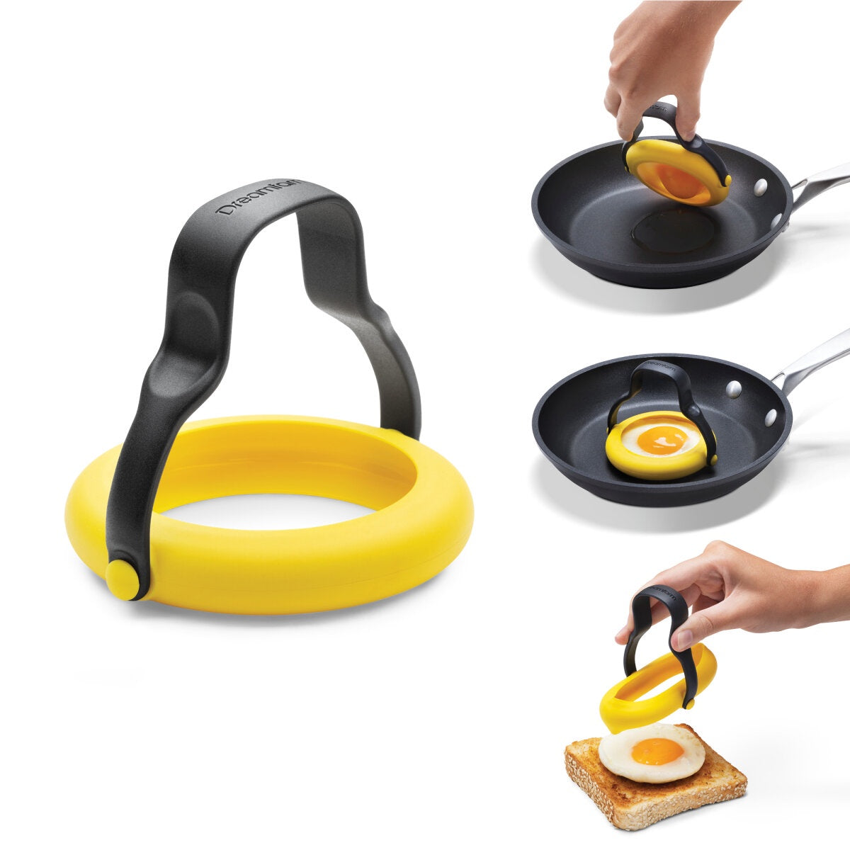 Dreamfarm Flegg egg ring in yellow with a black handle, shown frying and serving eggs