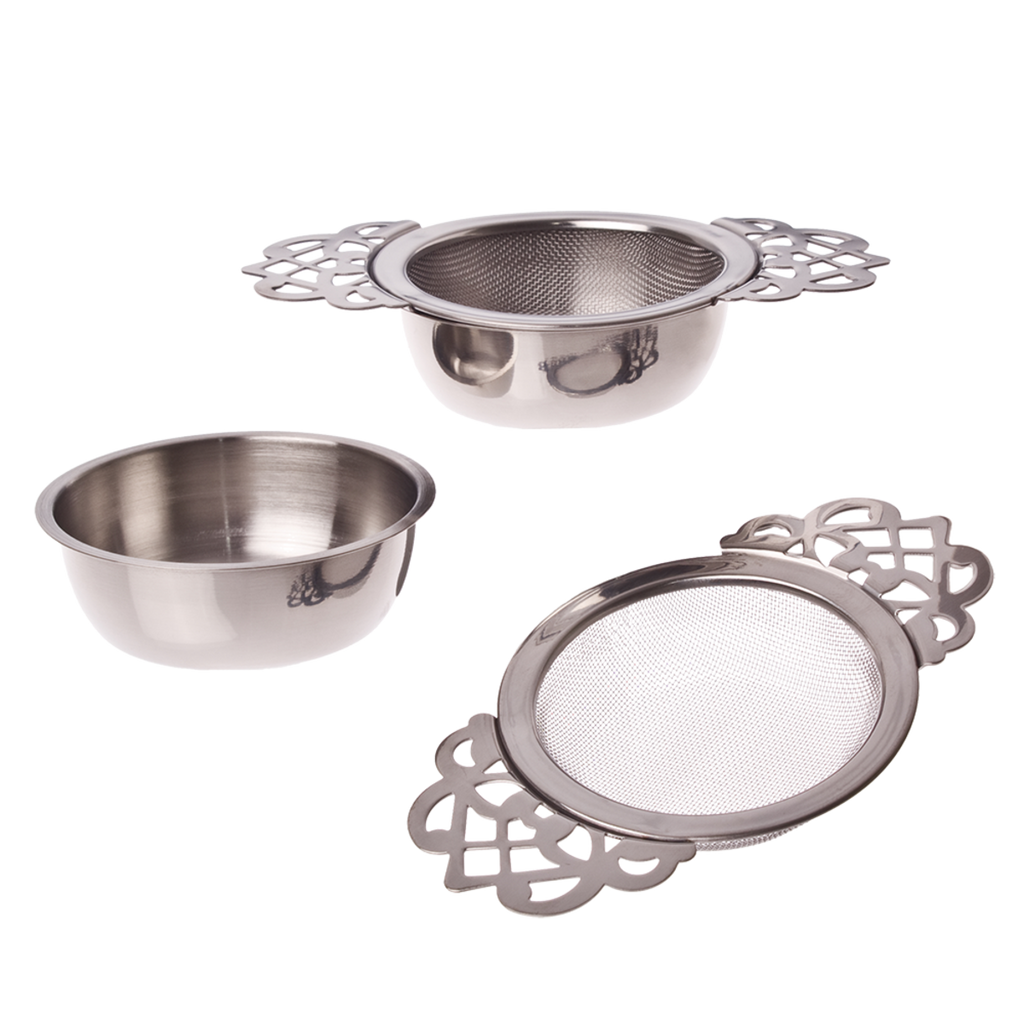 Teaology vintage tea strainer with a drip bowl in ornate stainless steel