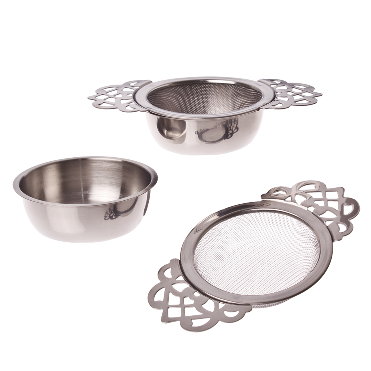Teaology vintage tea strainer with a drip bowl in ornate stainless steel