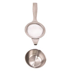 Teaology stainless steel long handle tea strainer with a fine mesh and a matching drip bowl