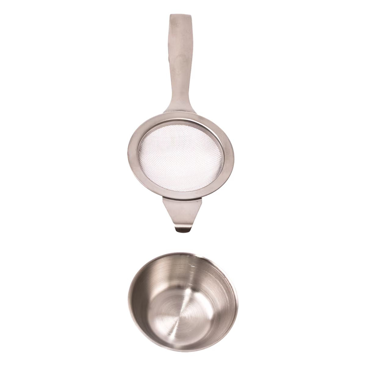 Teaology stainless steel long handle tea strainer with a fine mesh and a matching drip bowl